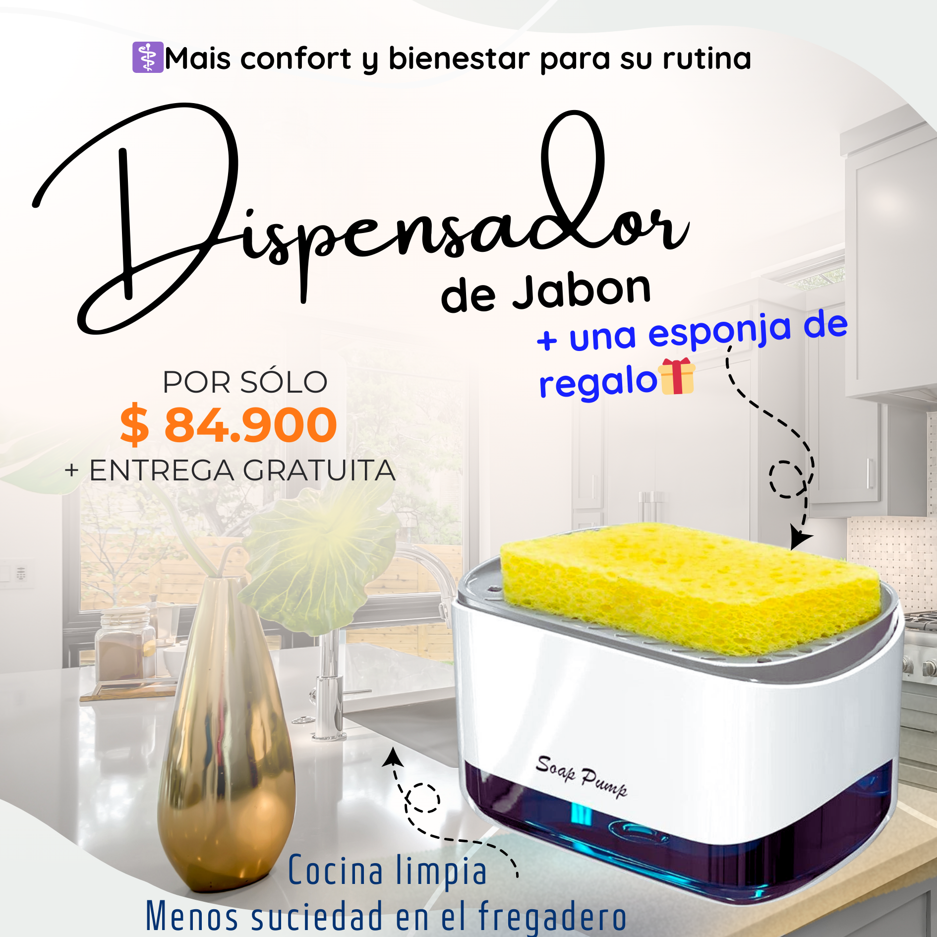 DISPENSADOR DE JABON + una ESPONJA de REGALO🎁⚡ENVÍO GRATIS HOY⚡